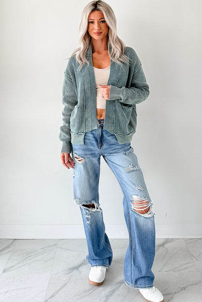 Evergreen Mineral Wash Exposed Seam Patchwork Knit Open Sweater Cardigan