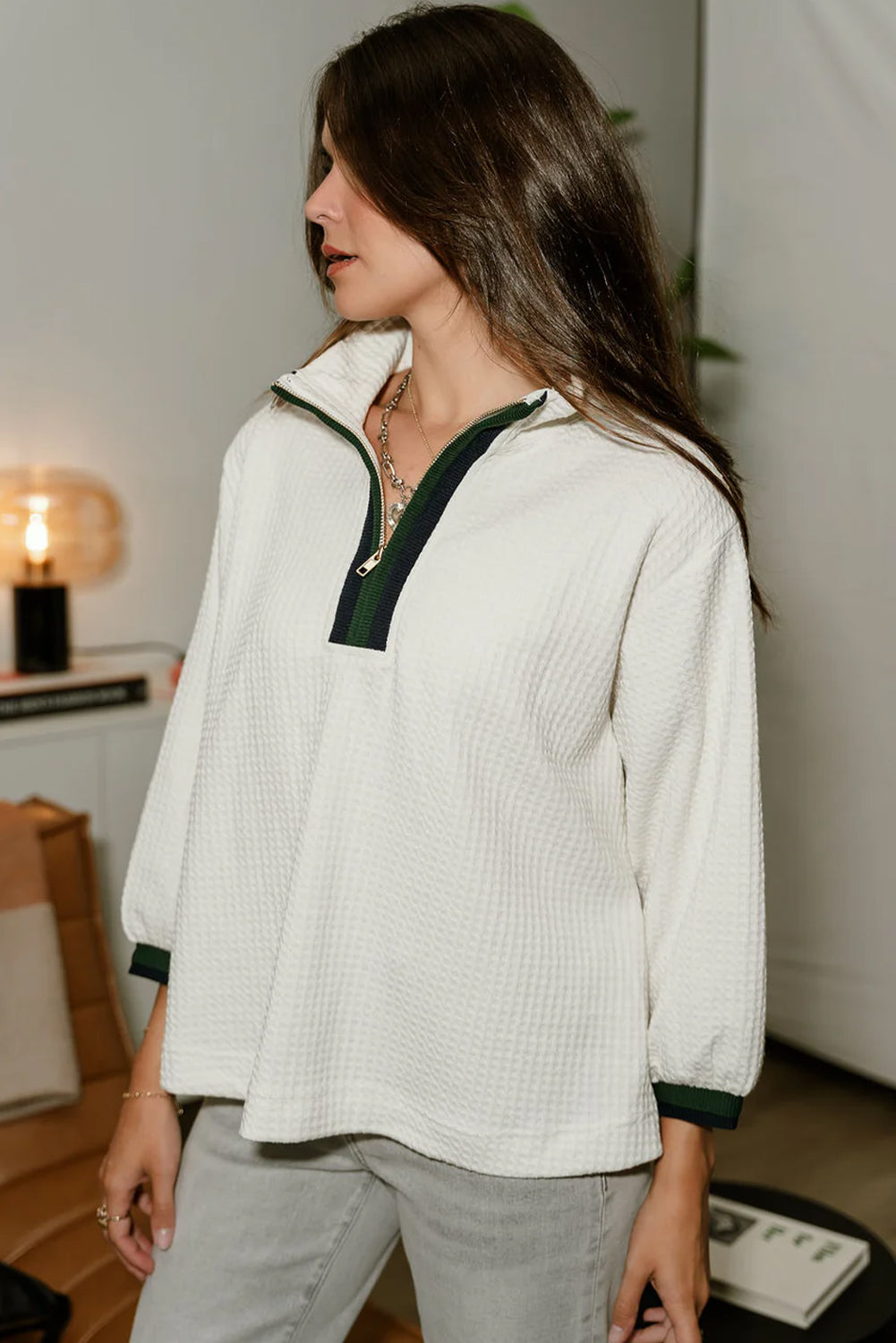 White Waffle Textured Contrast Polo Neck Zip up Jumper