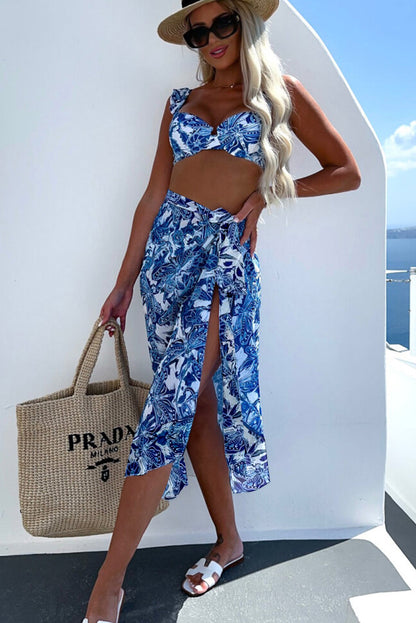 Floral White Bikini Set with Ruffled Bottom and Cover-Up