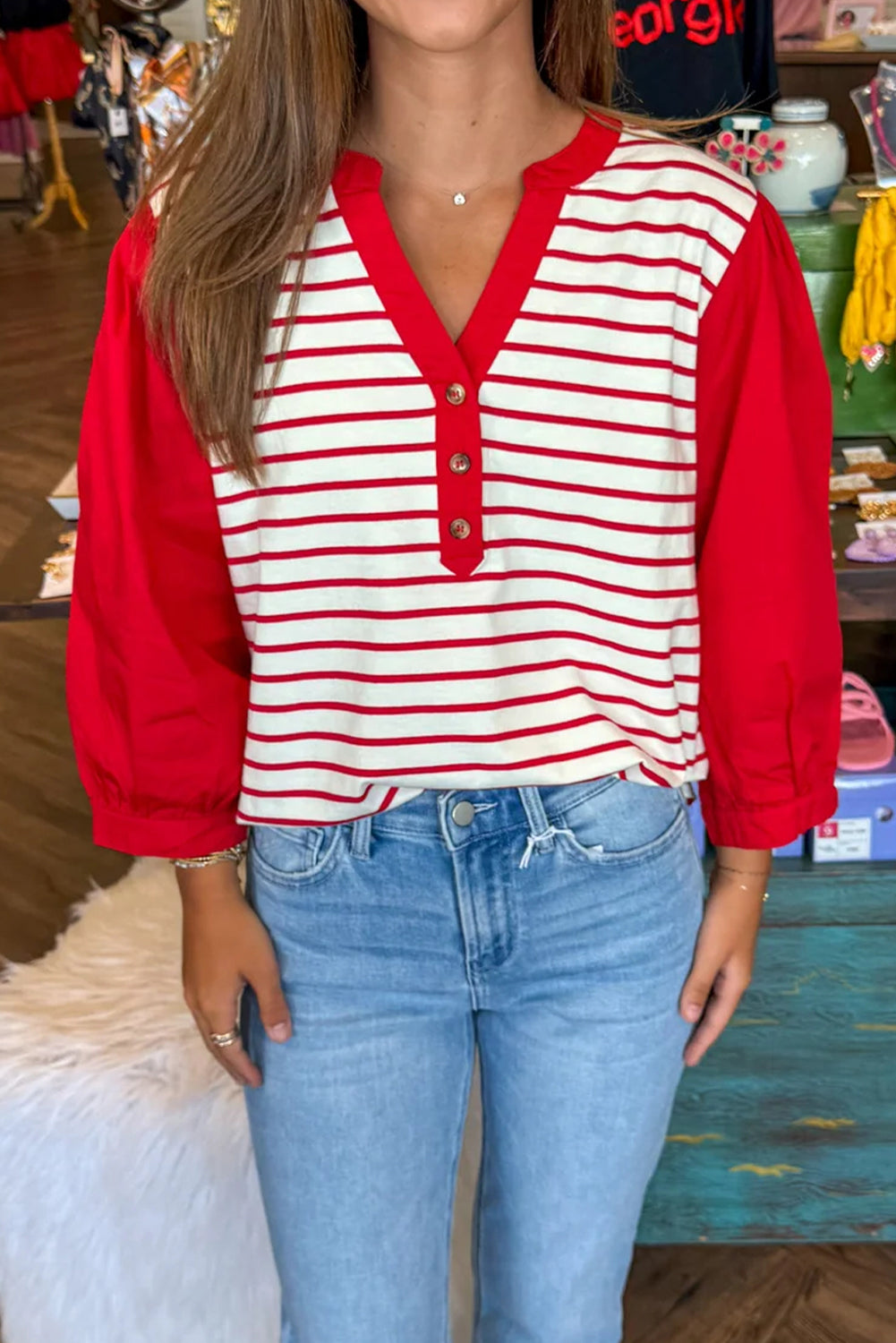 Red Stripe Half Placket V Neck Contrast 3/4 Sleeve Patchwork Top