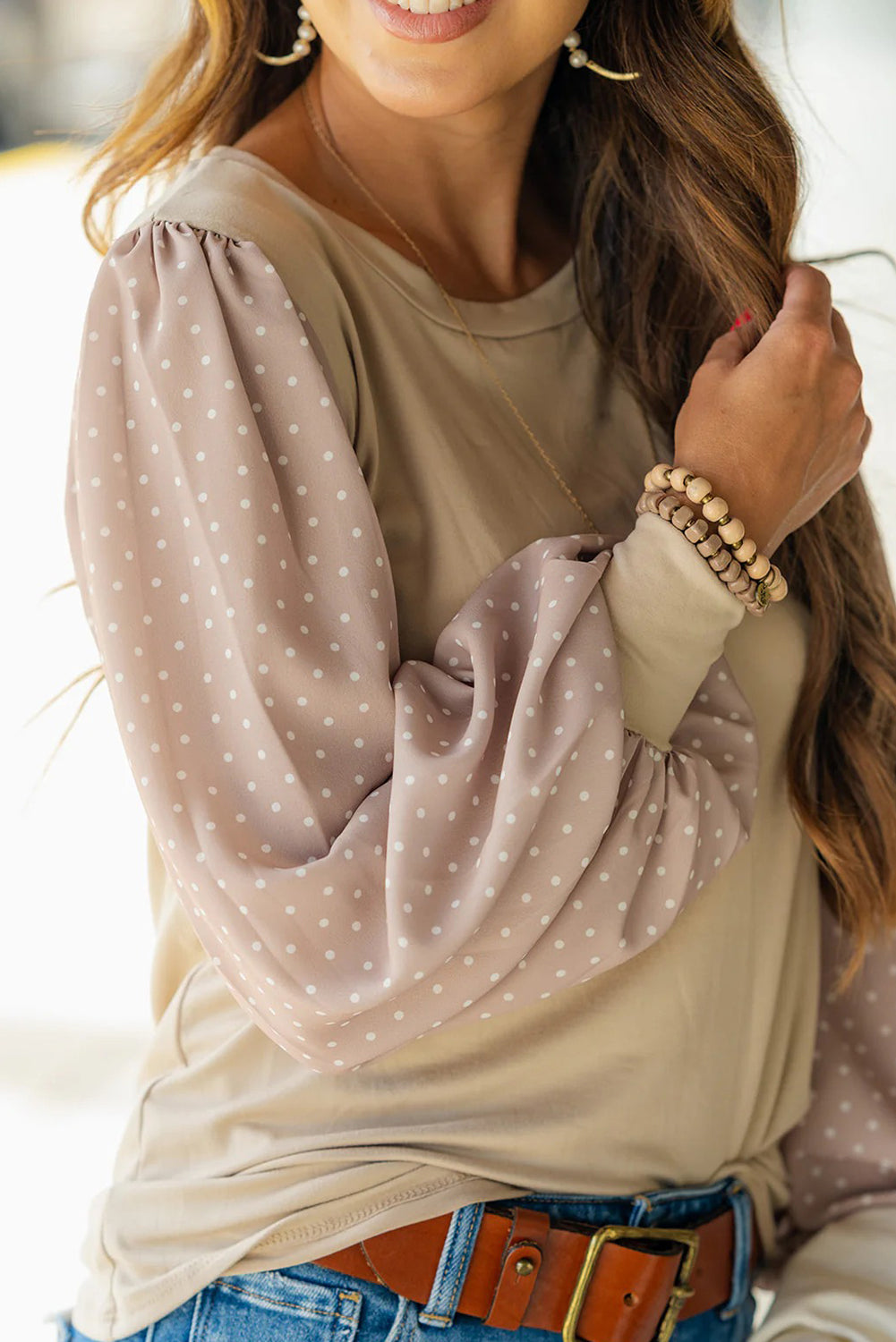 Parchment Polka Dot Chiffon Long Sleeve Patchwork Round Neck Blouse