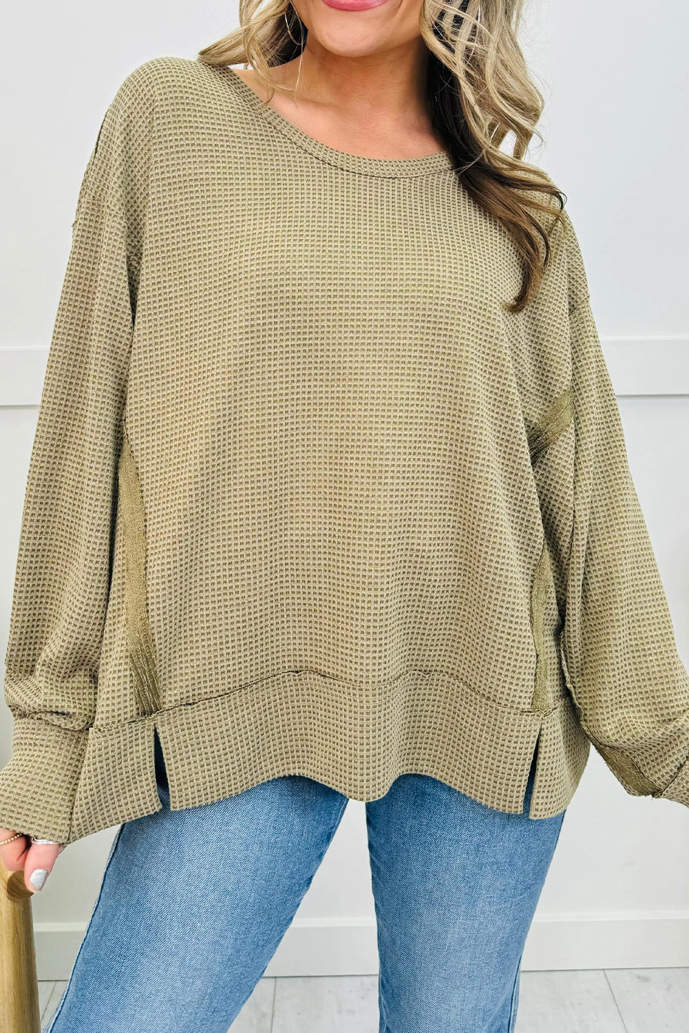 Laurel Green Waffle Knit Contrast Patched Detail Side Slit Oversize Pullover
