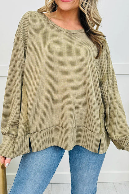 Laurel Green Waffle Knit Contrast Patched Detail Side Slit Oversize Pullover