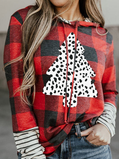 Festive Red Plaid Leopard Christmas Tree Hoodie with Fiery Accents
