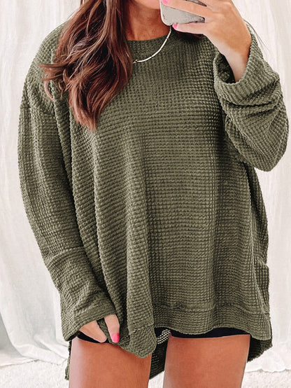 Textured Moss Green Plus Size Waffle Knit Top with Long Sleeves