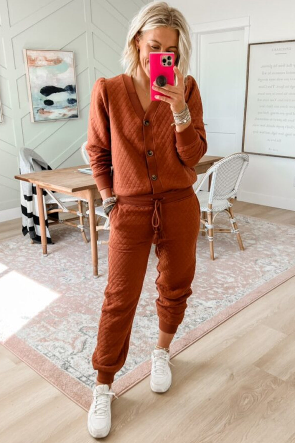 Gold Flame Solid Color Quilted Texture V Neck Button Down Top Drawstring Jogger Pants Set