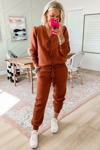 Gold Flame Solid Color Quilted Texture V Neck Button Down Top Drawstring Jogger Pants Set