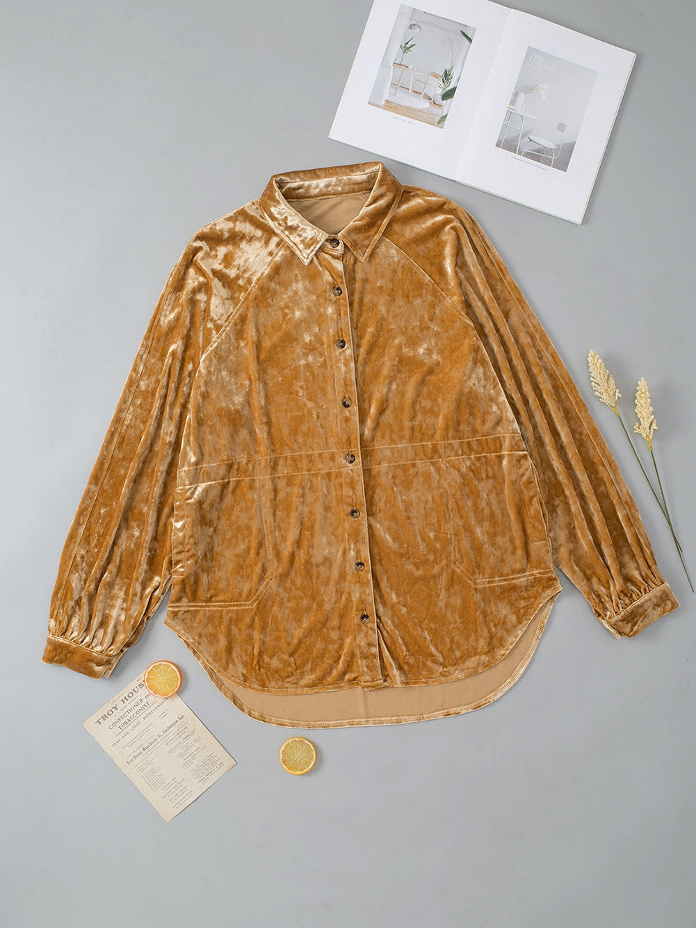Golden Velvet Loose Fit Button-Up Shirt