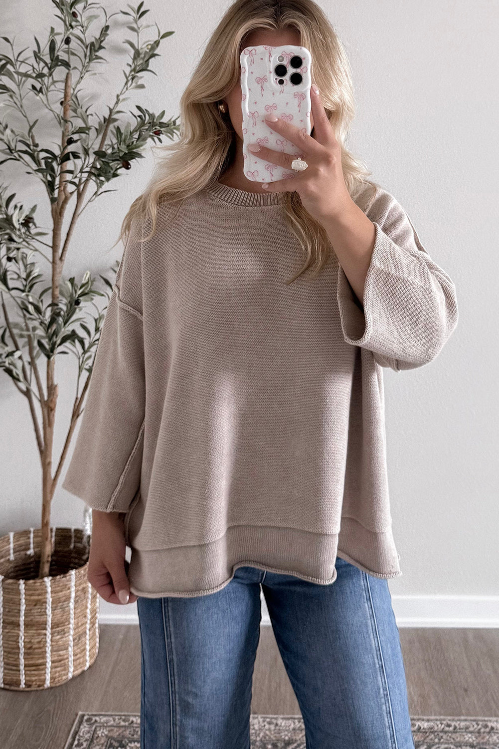Gray Morn Exposed Seam Drop Shoulder Loose Sweater