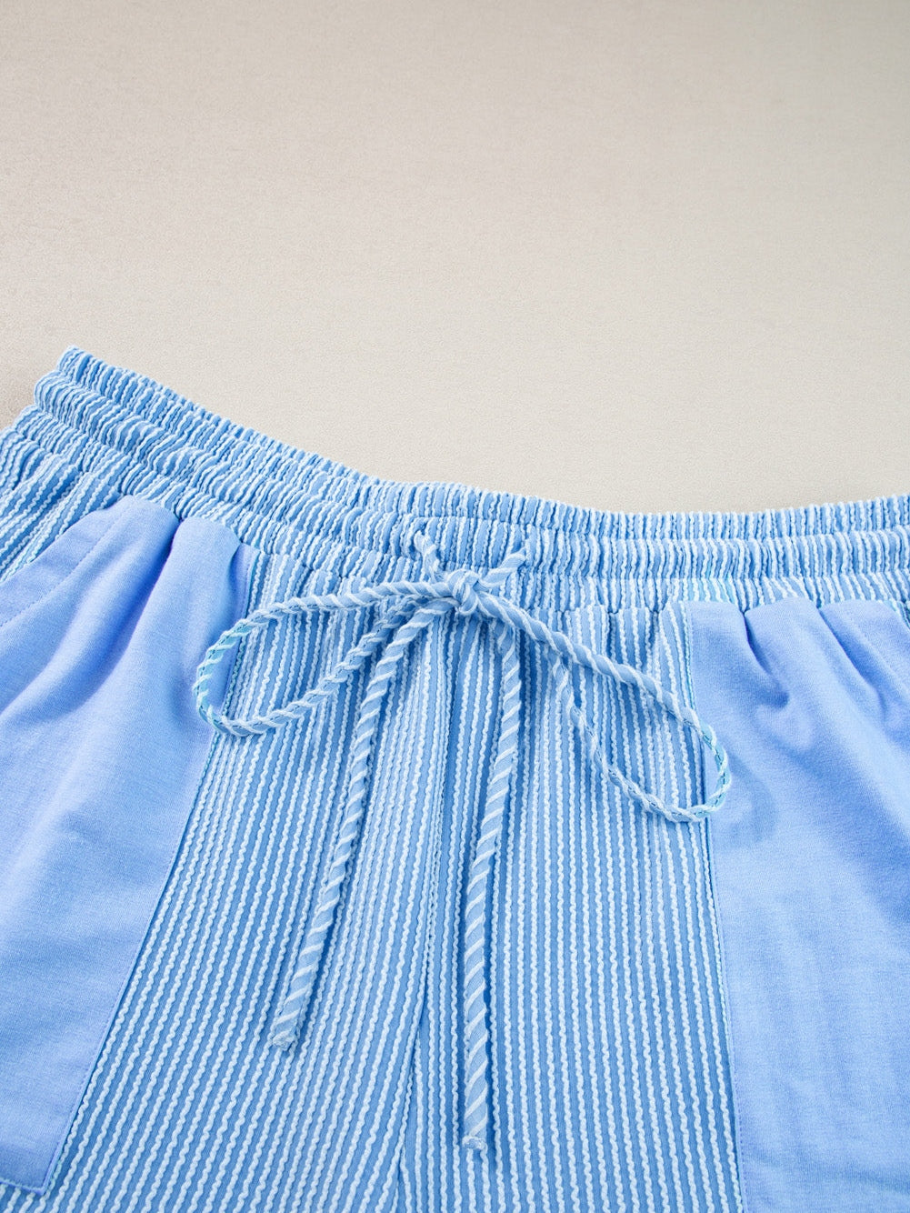 Light Blue Plus Size Ribbed Lounge Set with Long Sleeve Top and Drawstring Shorts