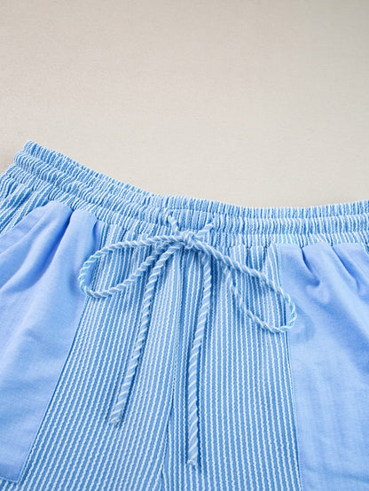 Light Blue Plus Size Ribbed Lounge Set with Long Sleeve Top and Drawstring Shorts