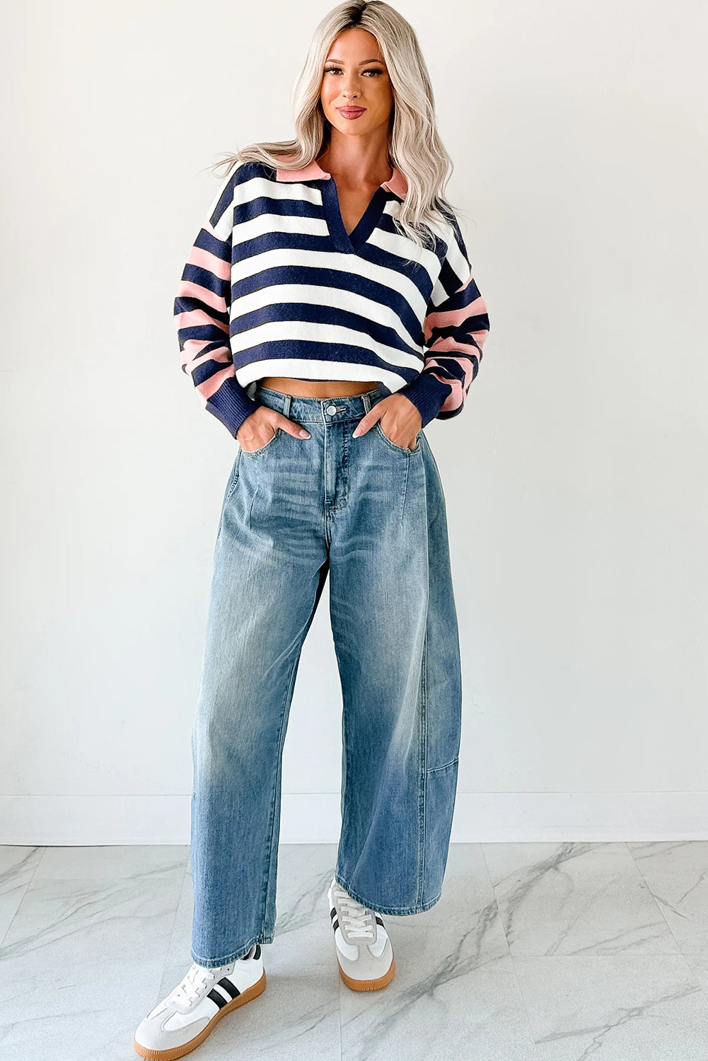 Blue Stripe Drop Shoulder Color Block Sleeve Polo Collar Knit Sweater