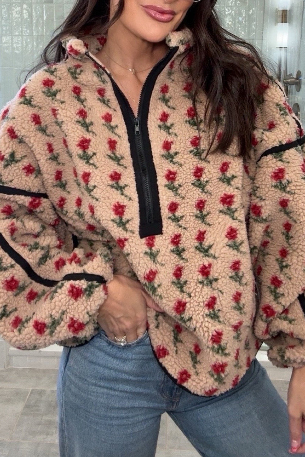 Green Floral Print Sherpa Half Zip Baggy Sweatshirt