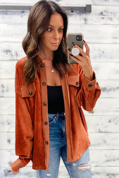 Gold Flame Velvet Flap Pockets Drop Shoulder Casual Shacket