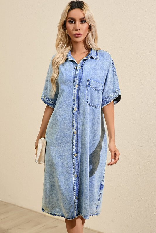 Retro Short Sleeve Denim Long Dress