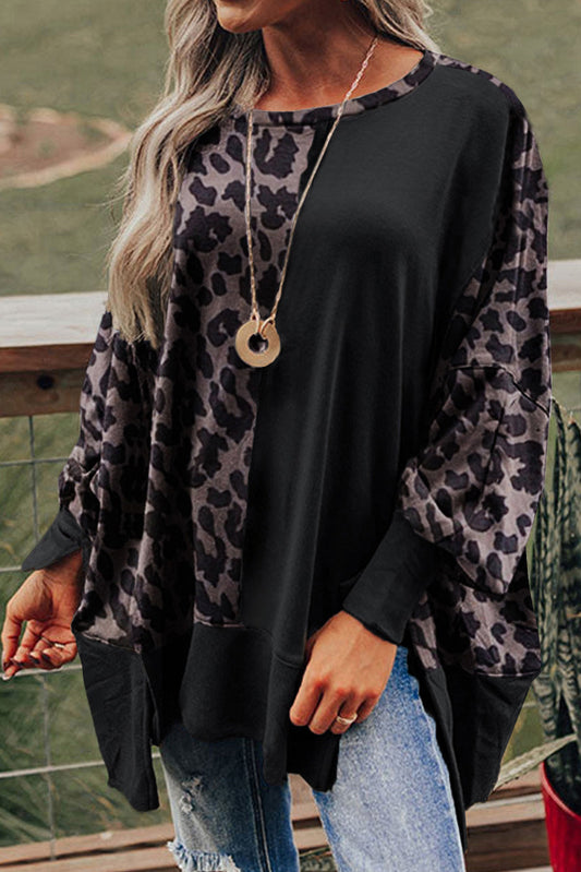 Elegant Black Leopard Print Bishop Sleeve Slit Top