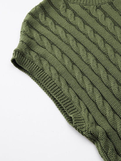 Green Jungle Cable Knit Short Sleeve Sweater with Crew Neck