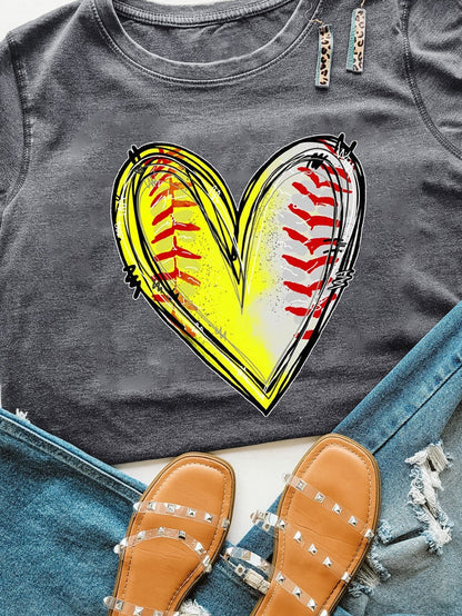 Baseball Heart Print Gray Crew Neck Tee