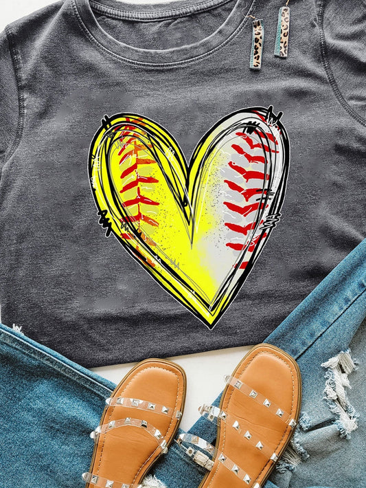 Baseball Heart Print Gray Crew Neck Tee