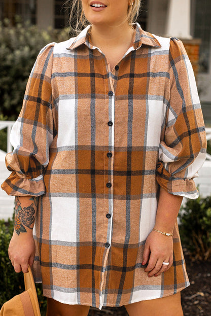 Khaki Plaid Flounce Sleeve Button up Shirt Dress for Curvy Fashionistas