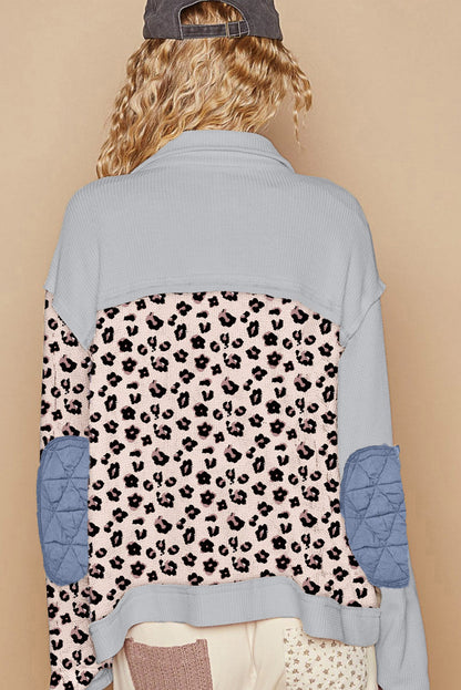 Sky Blue Leopard Waffle Quilted Patchwork Button Front Jacket