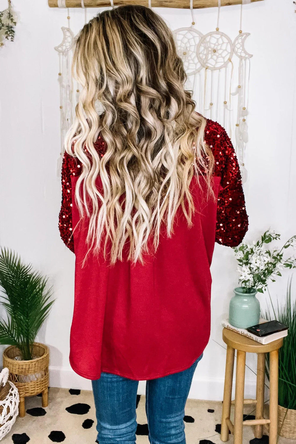 Racing Red Stunning Sequin Patchwork Double Chest Pocket Button Down Shacket