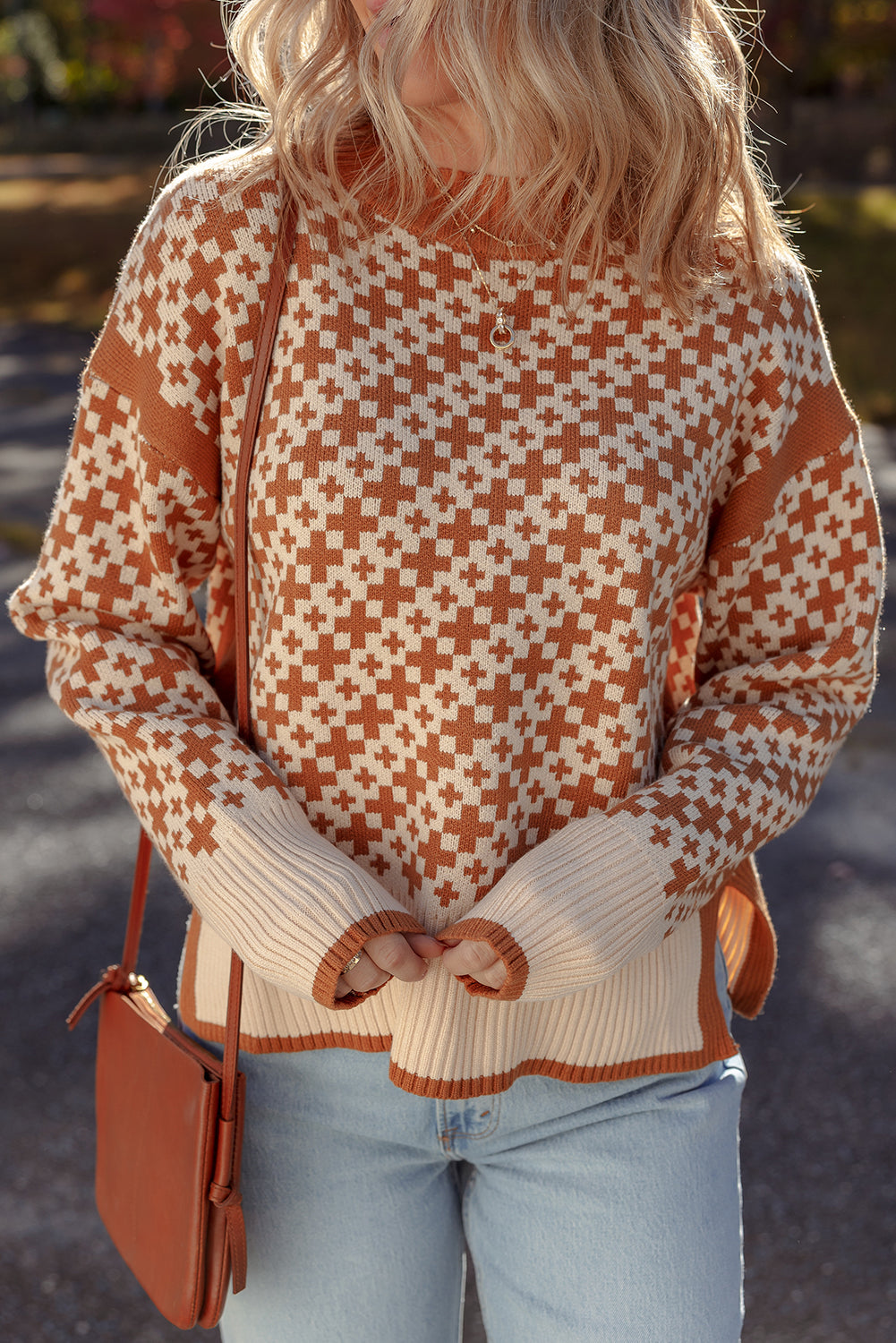 Brown Two Tone Contrast Geometric Ribbed Edge Loose Sweater