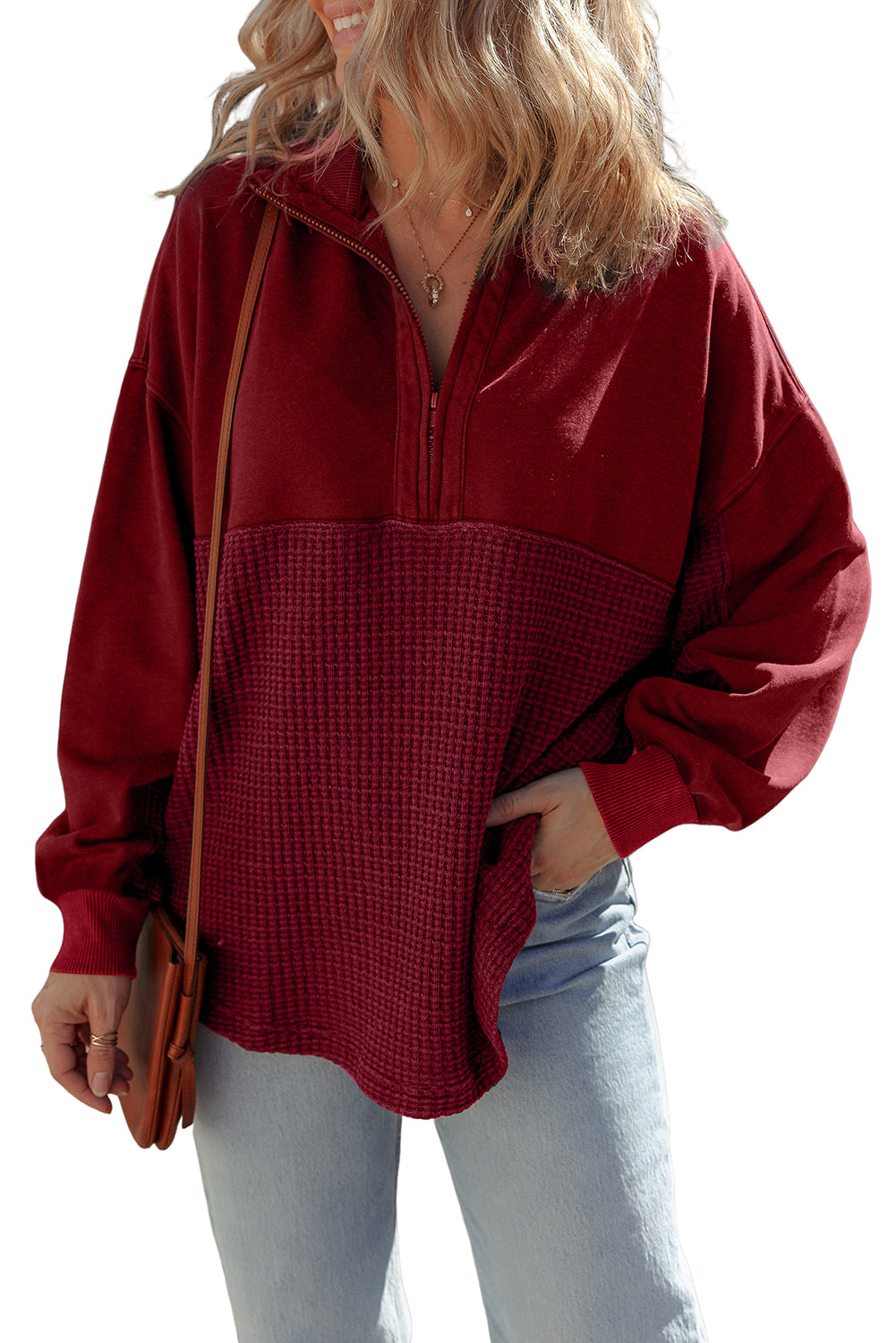 Red Dahlia Waffle Knit Patchwork Half Zipped Casual Sweatshirt