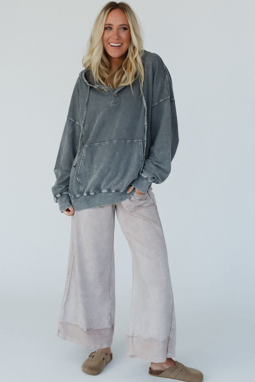 Dark Grey Mineral Wash Button Drawstring Neck Hooded Sweatshirt