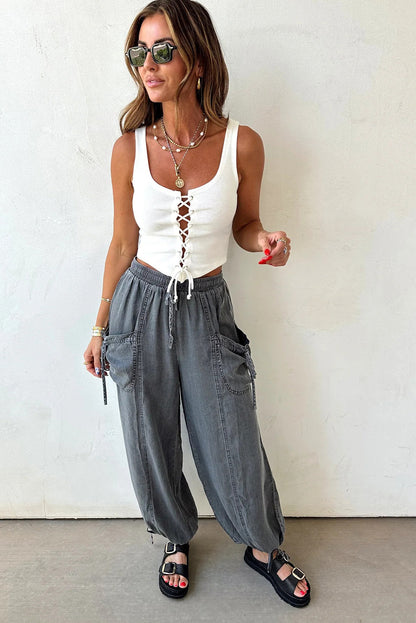 Medium Grey Drawstring Elastic Waist Pocketed Knot Hem Denim Joggers