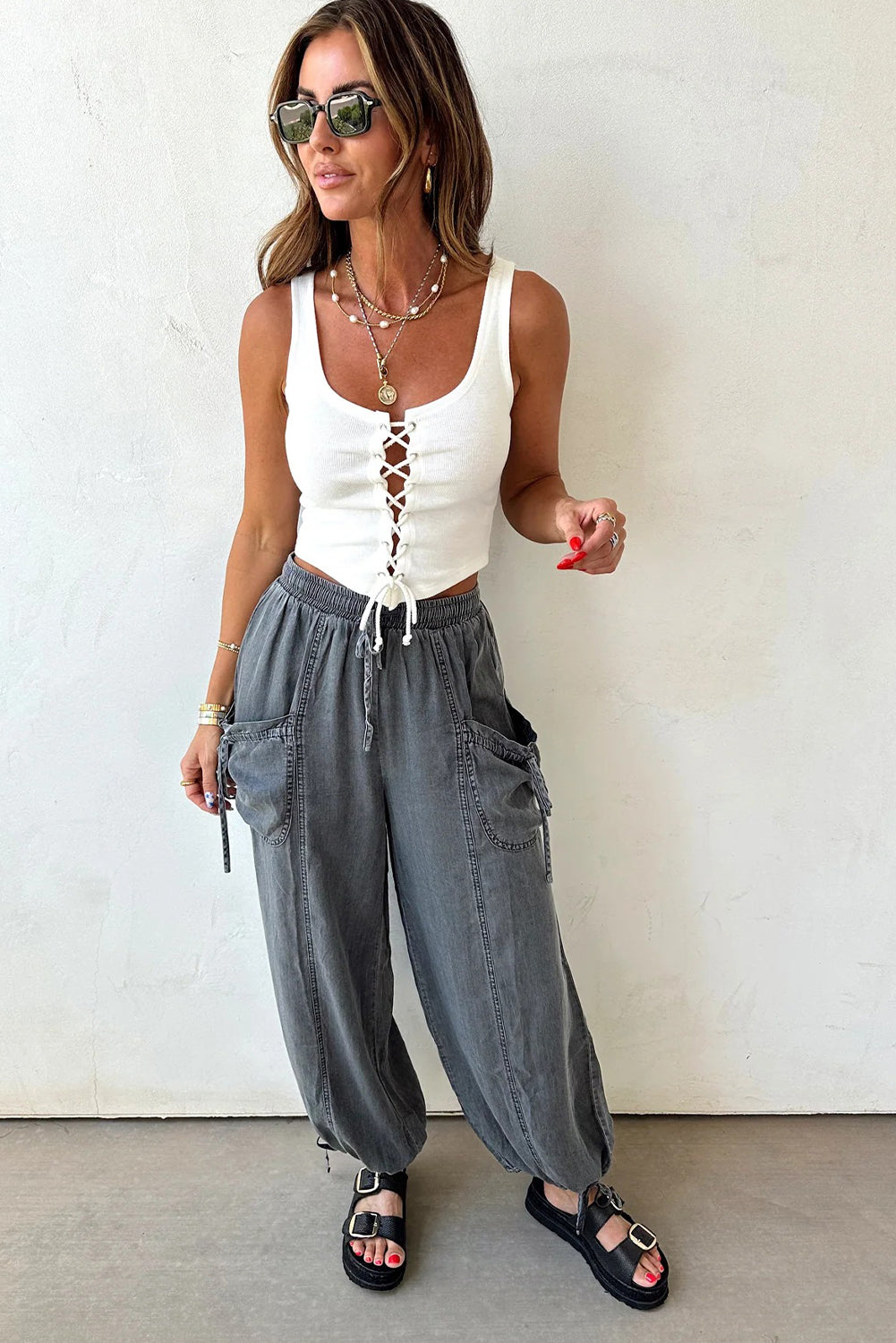 Medium Grey Drawstring Elastic Waist Pocketed Knot Hem Denim Joggers