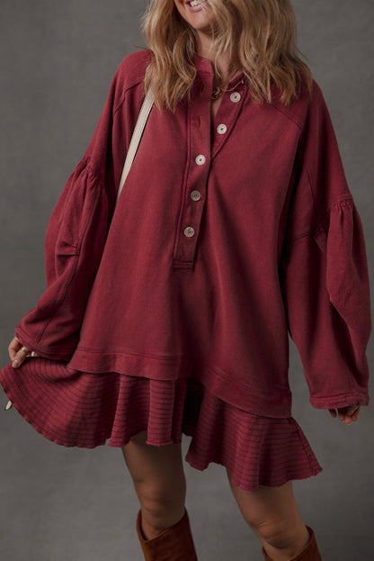 Burgundy Ruffle Hem Patchwork Half Button Long Sleeve Loose Tunic Dress