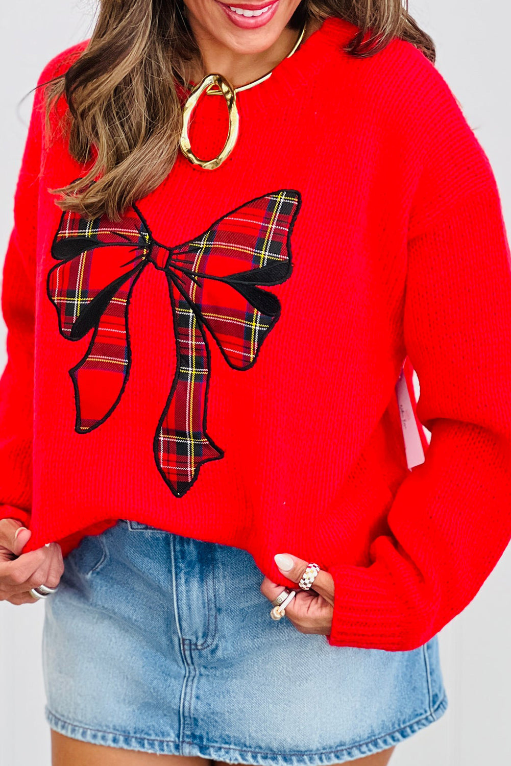 Fiery Red Festive Plaid Bow Graphic Drop Shoulder Loose Sweater