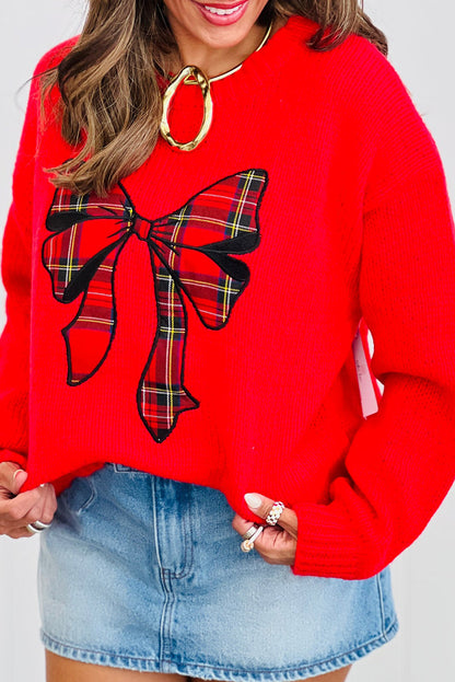 Fiery Red Festive Plaid Bow Graphic Drop Shoulder Loose Sweater