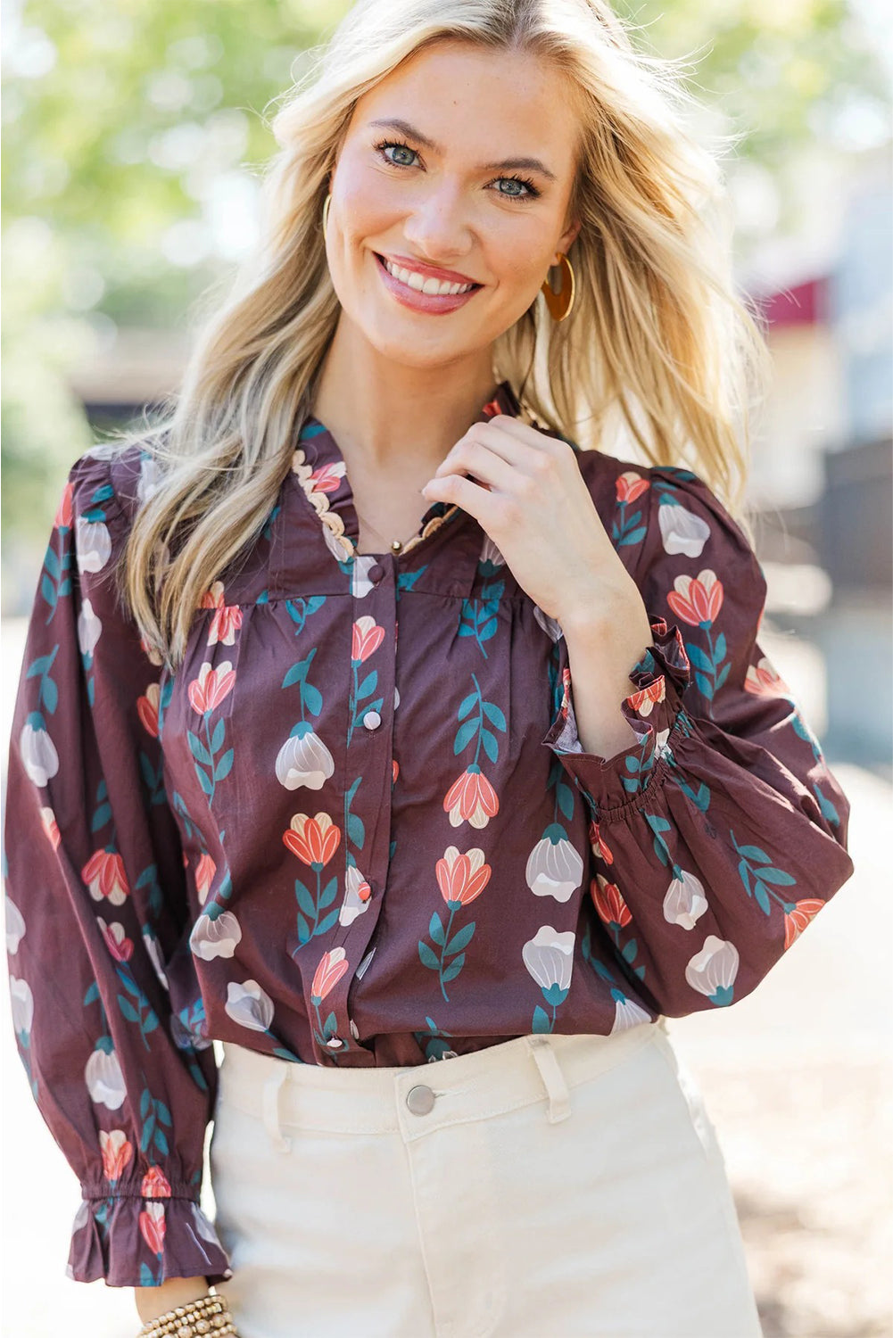 Brown Floral Print Frilled Ricrac Trim Collar Long Sleeve Shirt