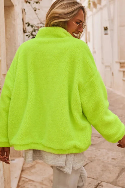 Pear Green Fuzzy Contrast Trim Full Zip Sherpa Jacket with Pockets