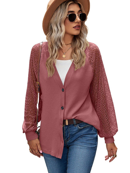 Lacy Waffle Knit Button-Up Cardigan with Long Sleeves