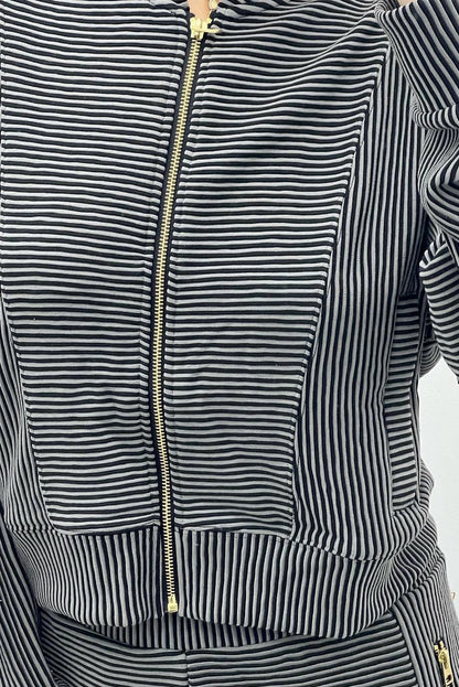 Black Stripe Baseball Collar Drop Shoulder Full Zipped Jacket and Sweatpants Set