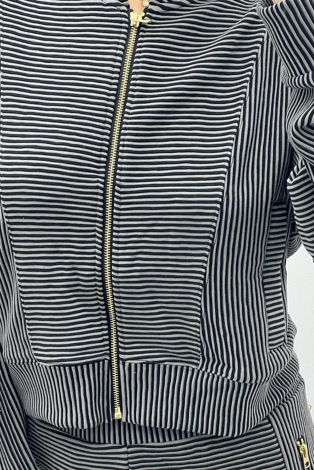 Black Stripe Baseball Collar Drop Shoulder Full Zipped Jacket and Sweatpants Set