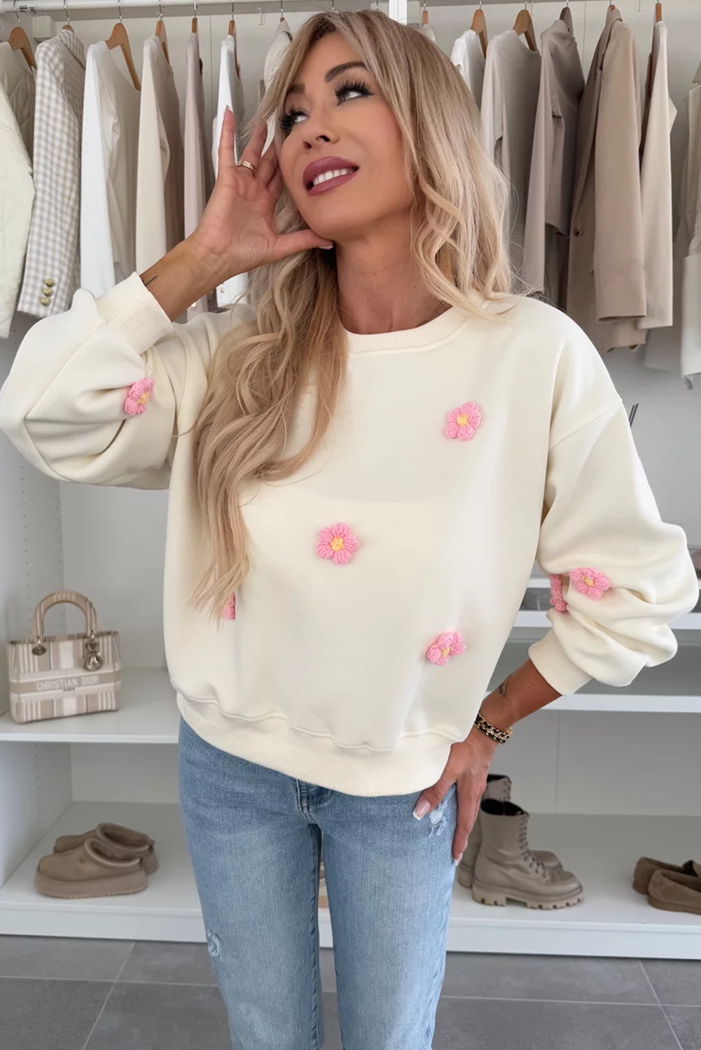 Beige Flower Crochet Drop Shoulder Pullover Sweatshirt