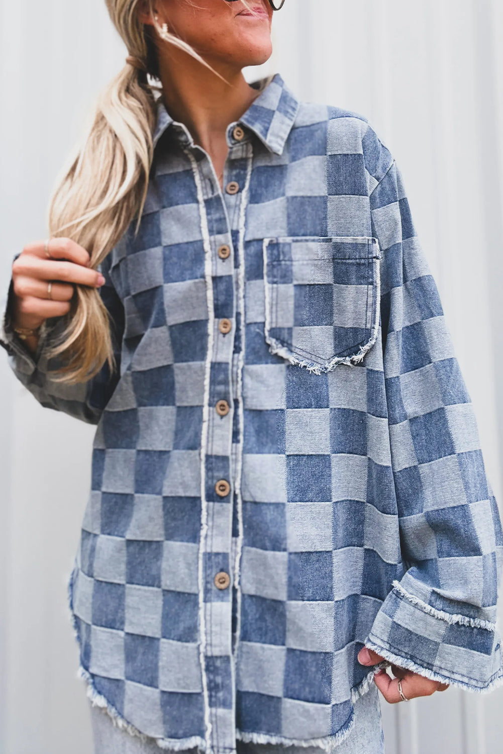 Sky Blue Checkered Denim Raw Edge Loose Shacket