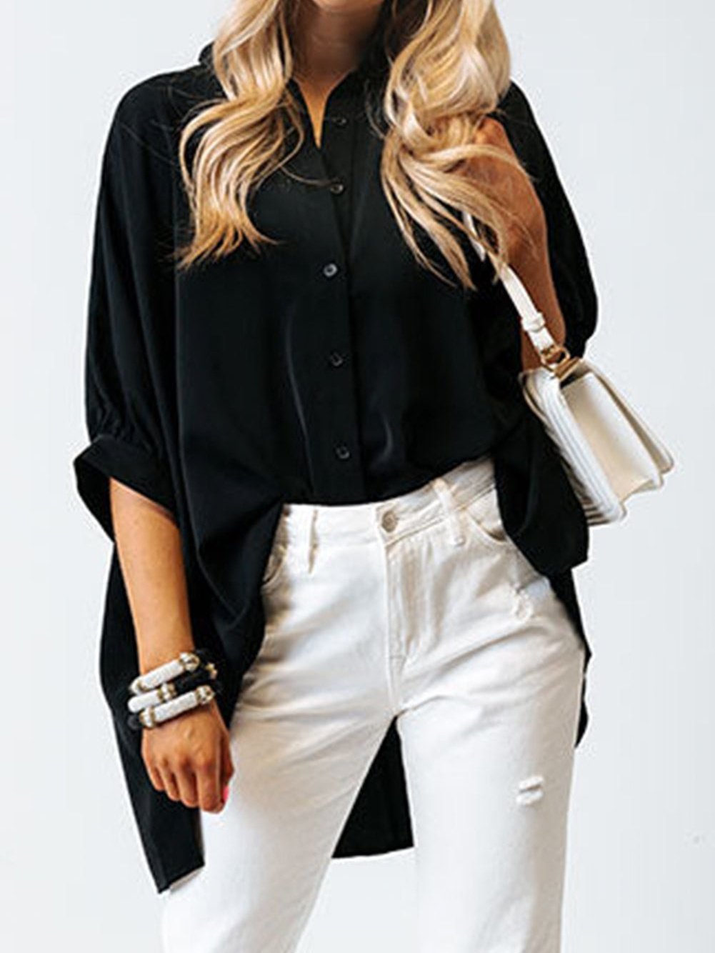 Satin Commute Solid Color V Neck Long Sleeved Blouse