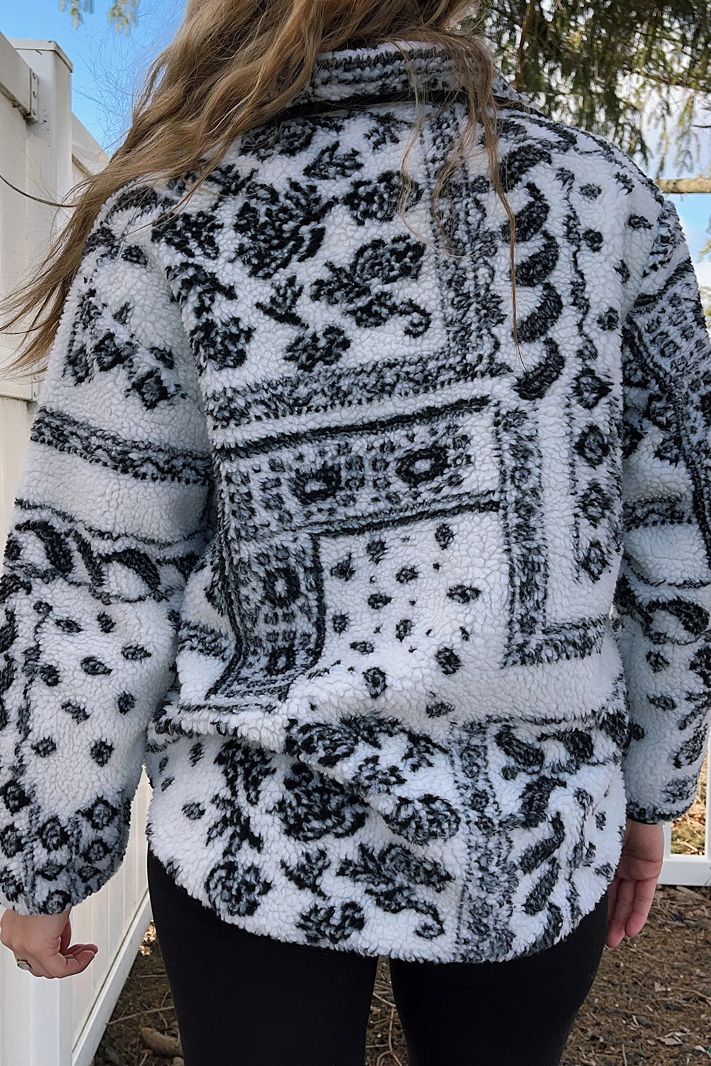 Black Sherpa Quarter Zip Western Print Oversize Sweatshirt