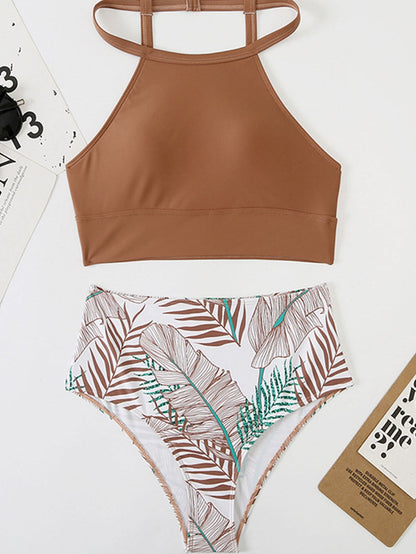 Halter Bikini Set with High Waist in Floral Print - Grey