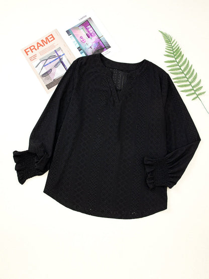 Black Eyelet Jacquard Split Neck Flounce Sleeve Plus Size Blouse