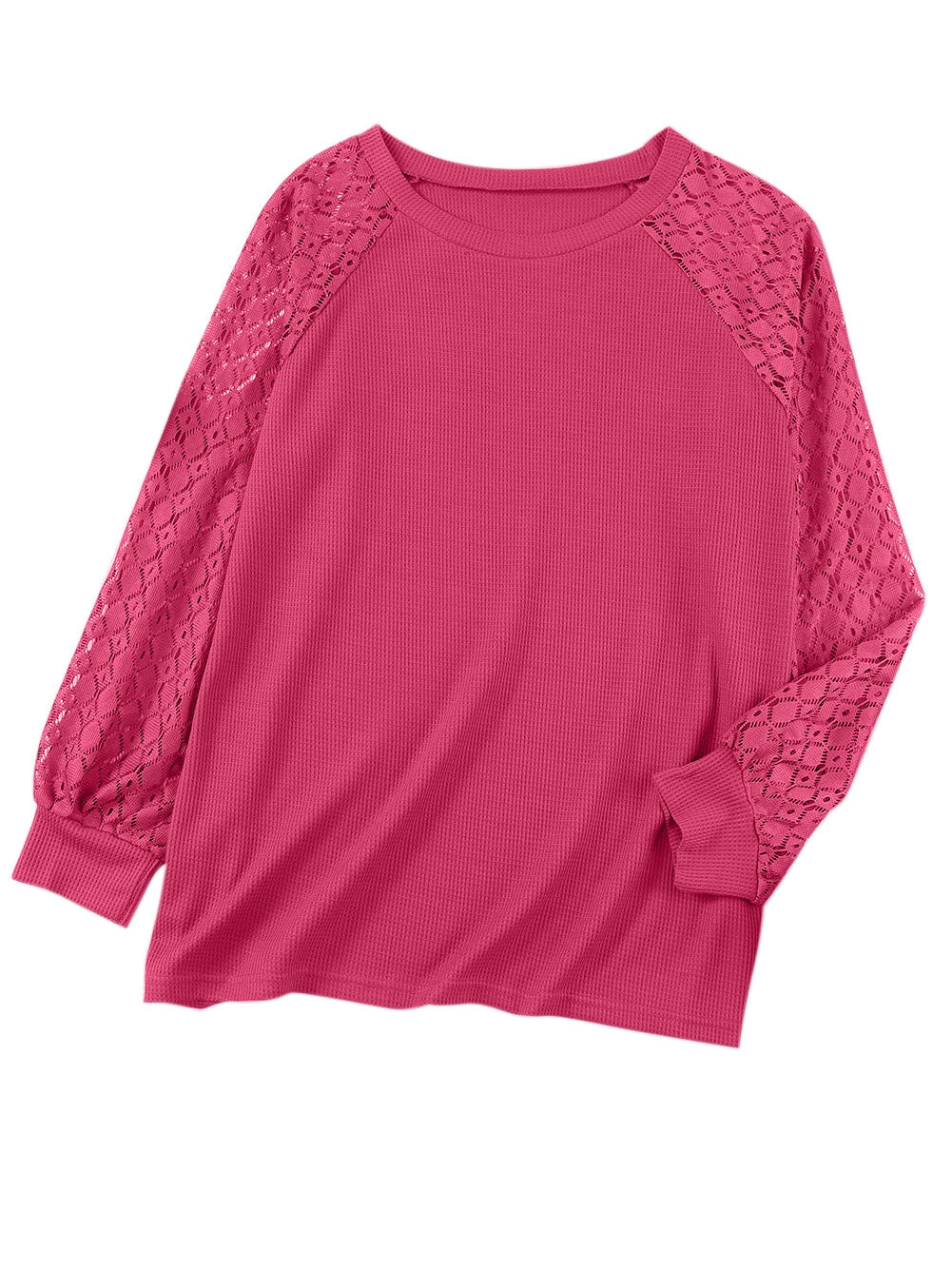 Strawberry Pink Plus Size Contrast Lace Sleeve Waffle Knit Top