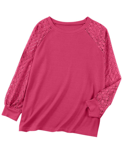 Strawberry Pink Plus Size Contrast Lace Sleeve Waffle Knit Top