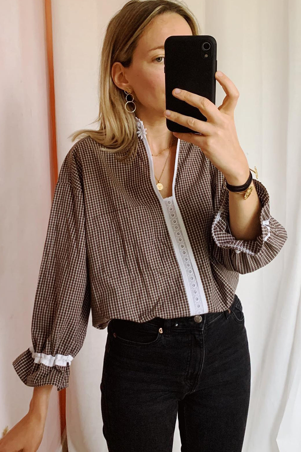 Brown Contrast Lace Collar Ruffled Sleeve Plaid Blouse