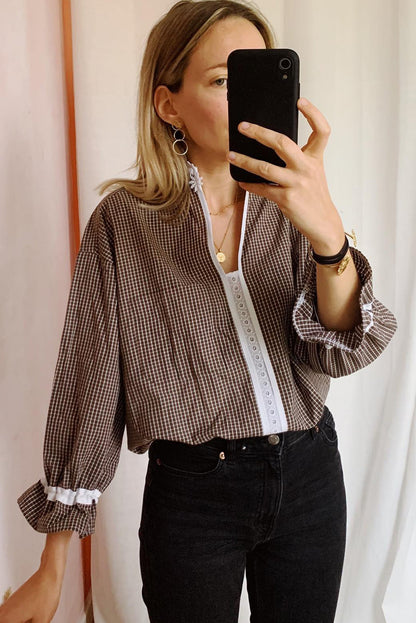 Brown Contrast Lace Collar Ruffled Sleeve Plaid Blouse