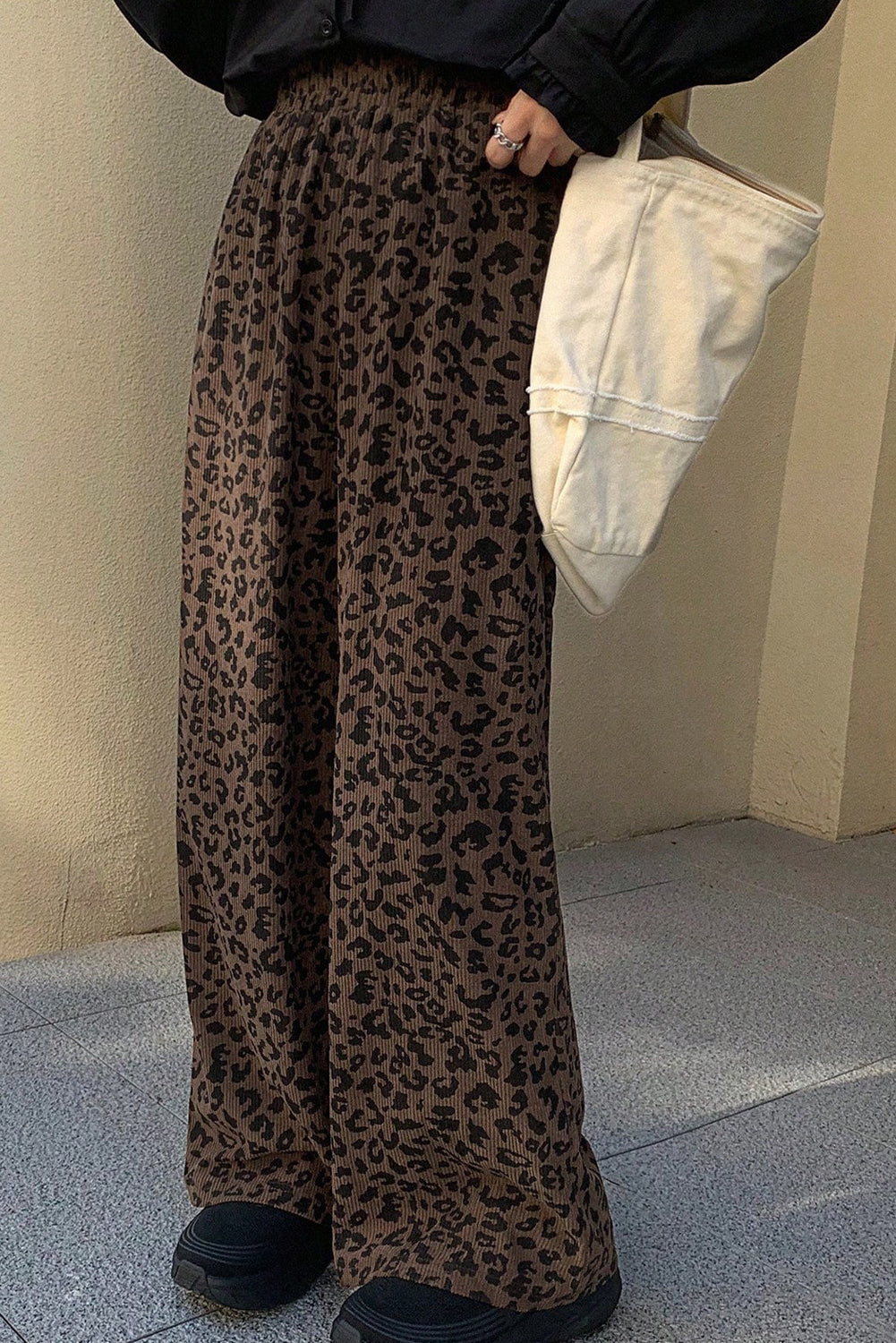 Dark Brown Leopard Print Elastic High Waist Loose Corduroy Pants
